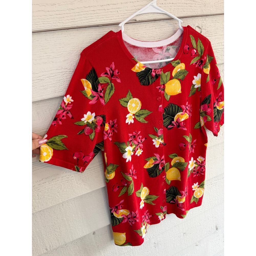 Christopher & Banks Lemon Floral Cardigan Red Fruit Print Button Front - Picture 4 of 8